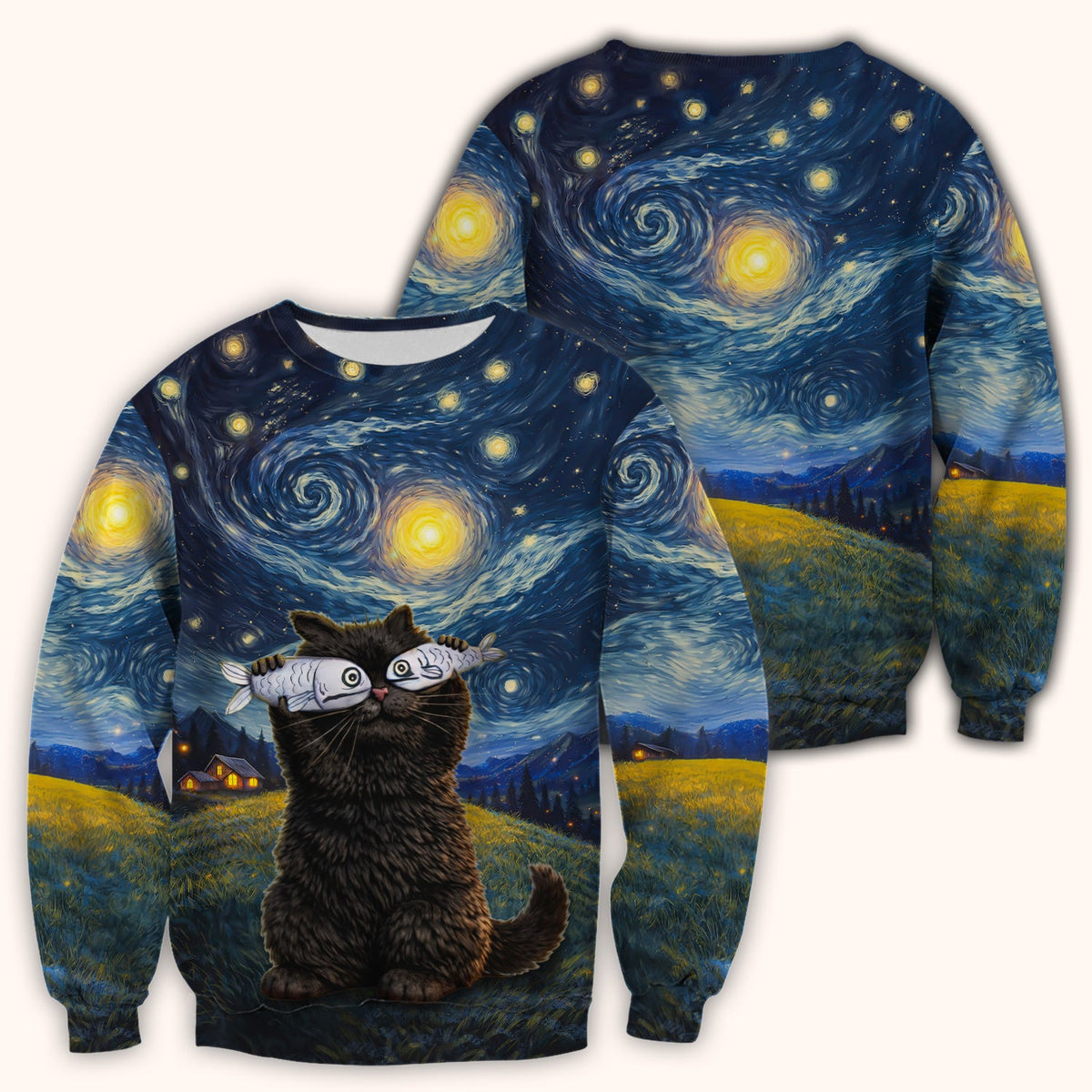 Starry Night Cat Art Print V Neck Nursing Scrub Top, for Cat Lover Nurses