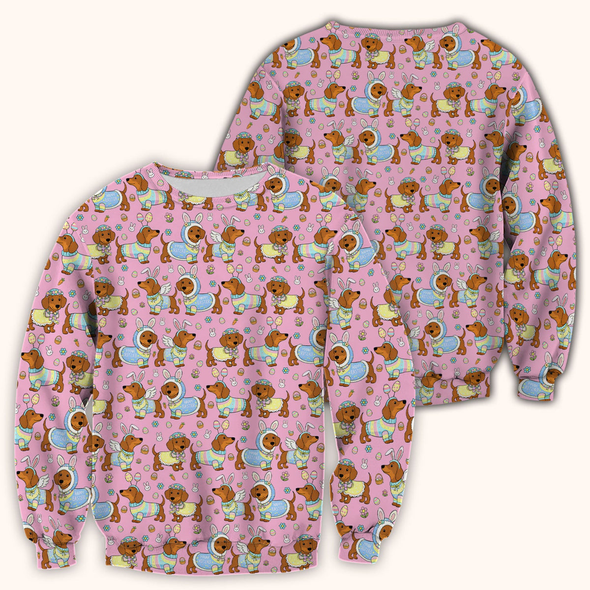 Easter Dachshund Bunny Print Scrub Top, Breathable Fabrics Nursing Uniform
