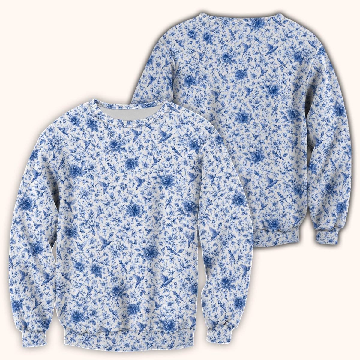 Blue Floral Hummingbird Toile Nurse Scrub Top