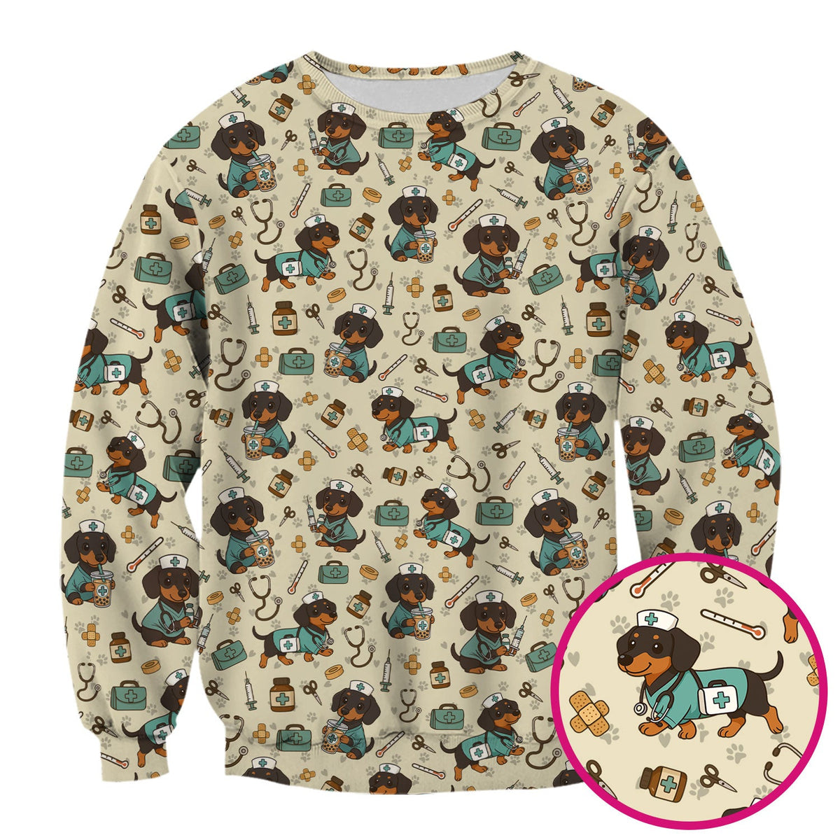 Funny Dachshund Nurse Scrubs - Cute Dog Print Medical Shirt - Holiday Nurse Scrub Top Gift for RN CNA Doctor, Women & Men