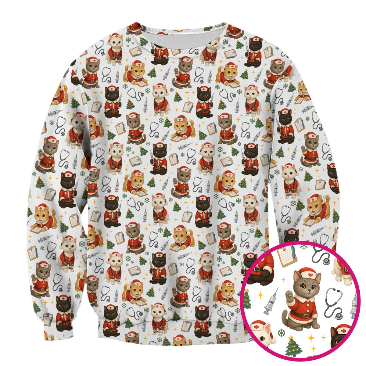 Funny Nurse Scrub Top for Women - Christmas Lucky Cat Design - Cute Holiday Nursing Shirt Gift for RN LPN CNA