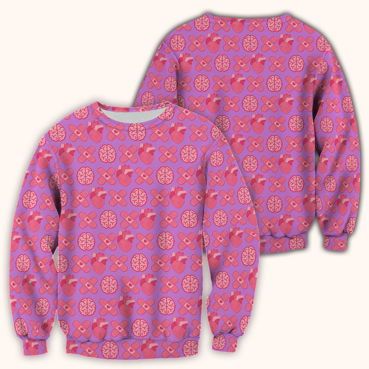 Heart & Brain Medical Icon Pattern Scrub Top, Breathable Fabrics Nursing Uniform
