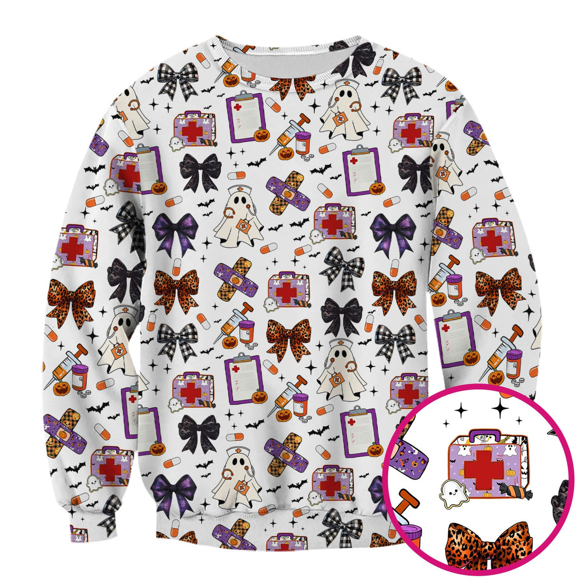 Spooky Ghost Pumpkin Bow Nurse Scrub Top