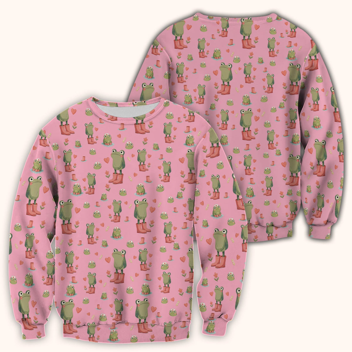 Adorable Frog Boots Heart Pattern Scrub Top, Comfortable Scrubs for Nurses
