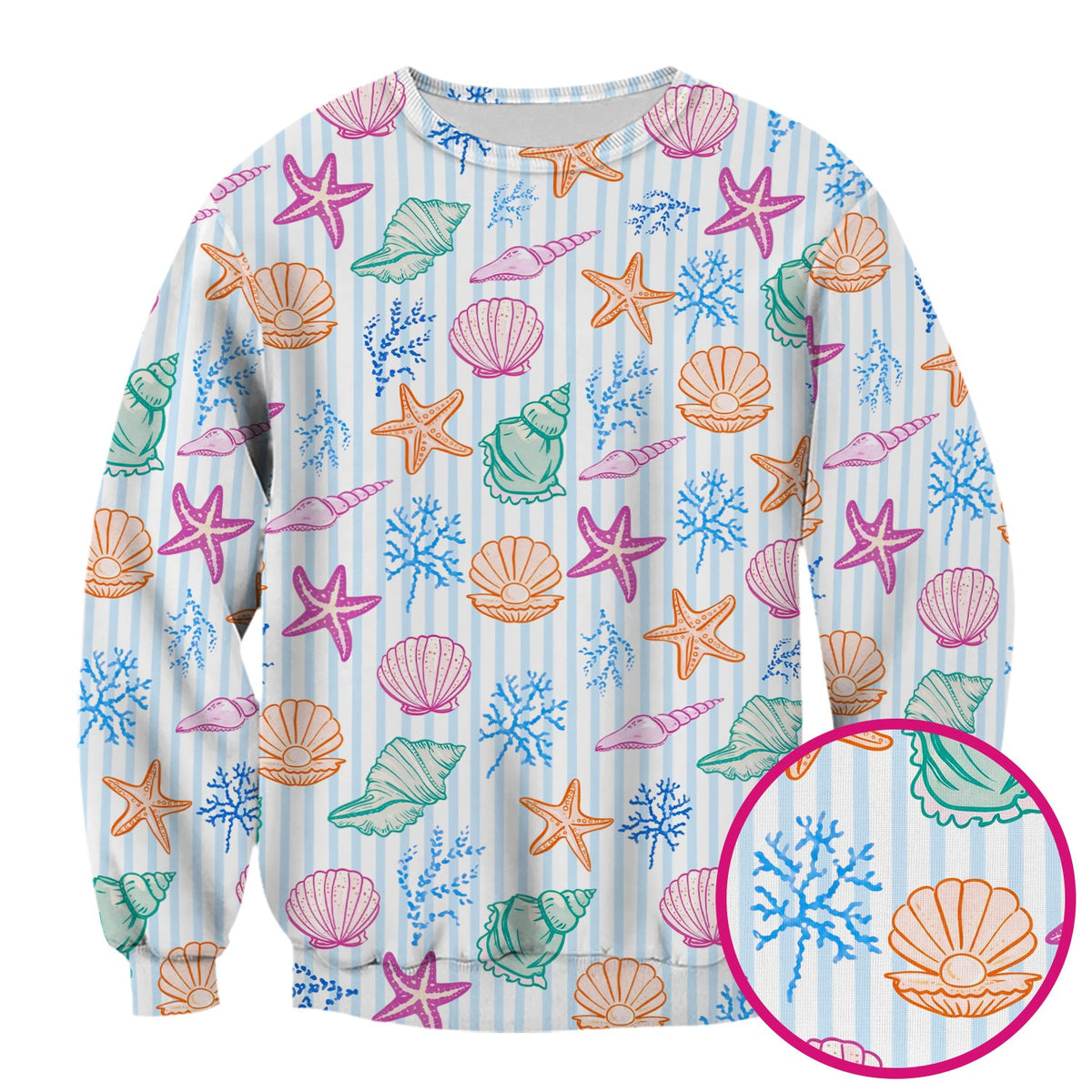 Colorful Seashell Starfish Ocean Stripe Nurse Scrub Top