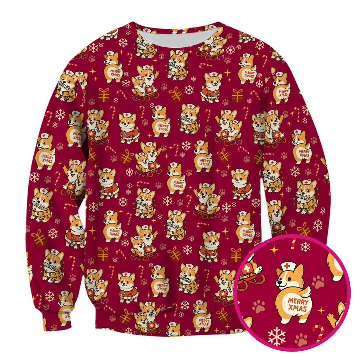 Cute Corgi Dog Scrubs for Christmas - Festive Puppy Pattern Medical Scrub Top - Holiday Christmas Scrubs with Charming Corgi Print