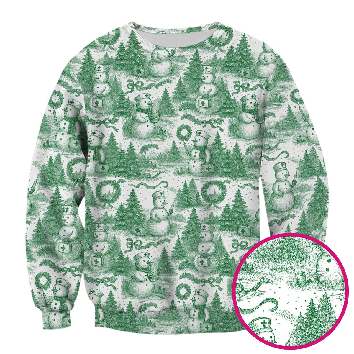 Christmas Scrub Top for Women – Toile de Jouy Snowman and Medical Pattern – Vintage Holiday Nurse Scrubs for Festive Season