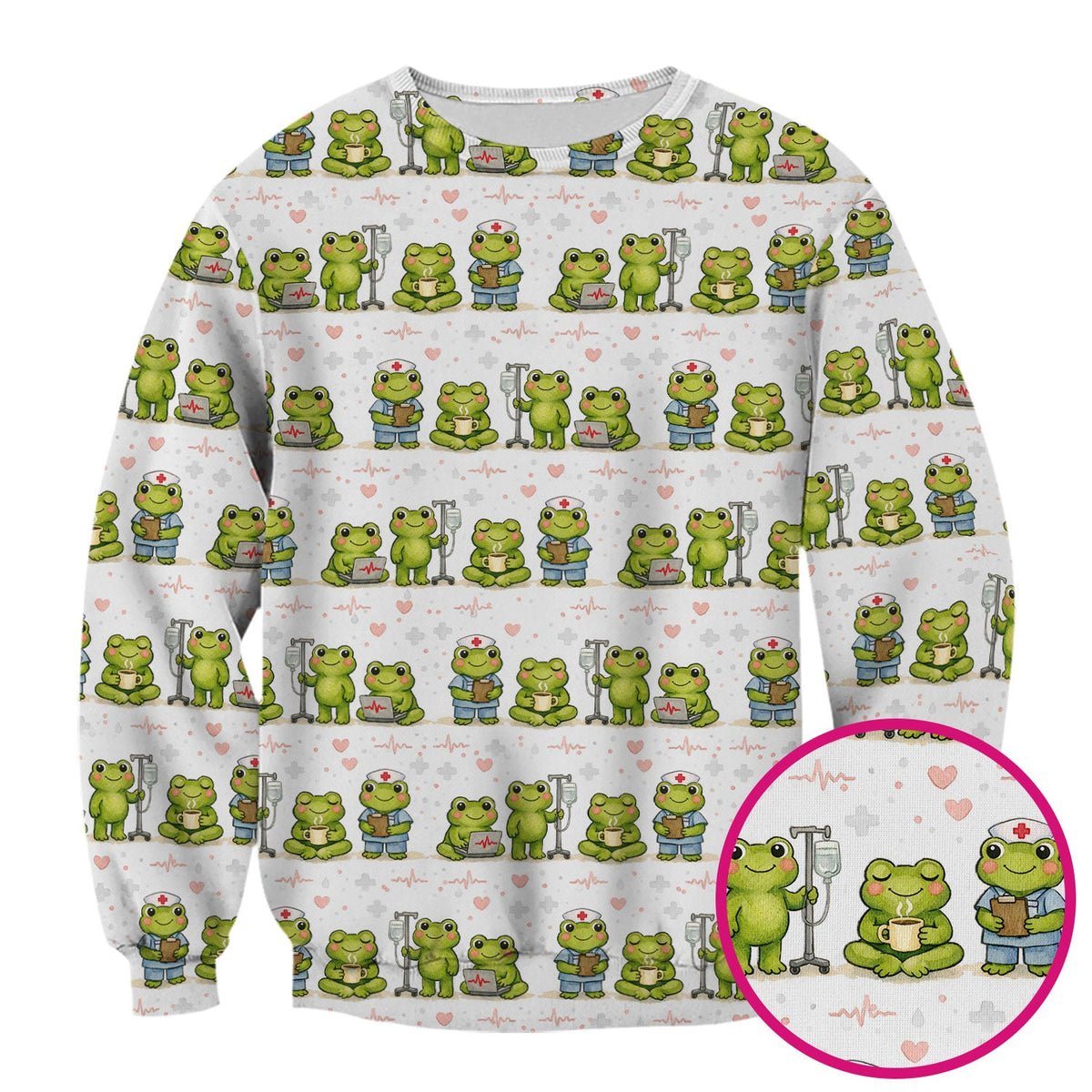 Adorable Frog Nurse Various Poses Print Scrub Top, Comfortable Scrubs for Nurses