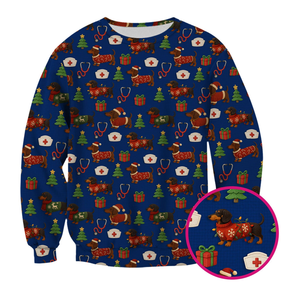 Christmas Nurse Scrubs for Women - Cute Dachshund Dog Print with Holiday Gifts & Trees - Custom Multi Color Nursing Shirt Gift
