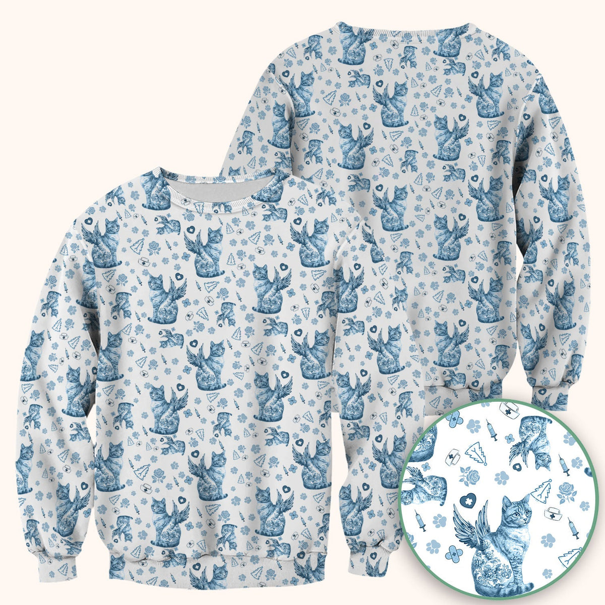 Toile de Jouy Cat Angel Scrub Top - Blue Vintage Nurse Shirt - French Style Medical Uniform for Women RN LPN CNA Gift