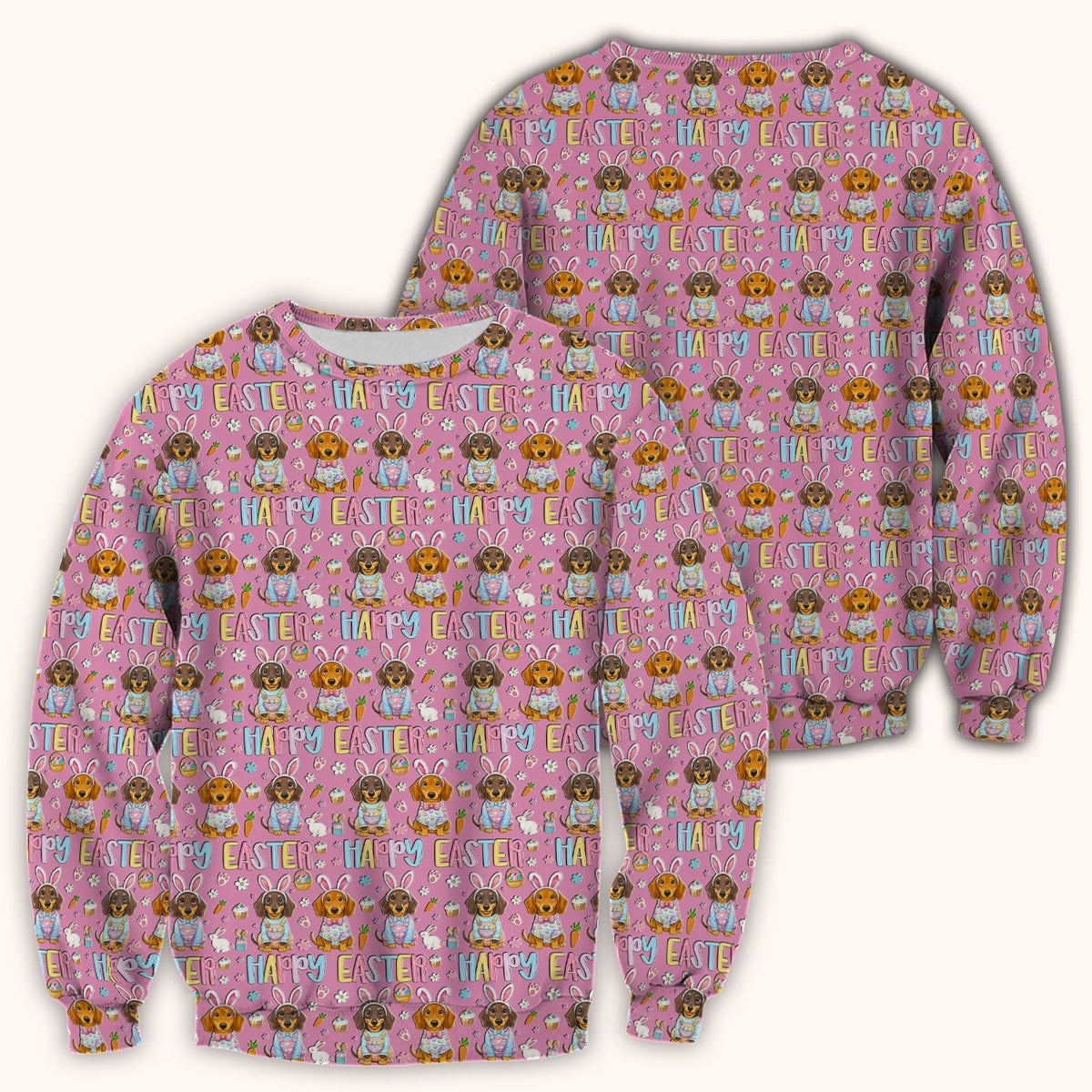 Happy Easter Dachshund Bunny Print Scrub Top, Comfortable Scrubs for Nurses