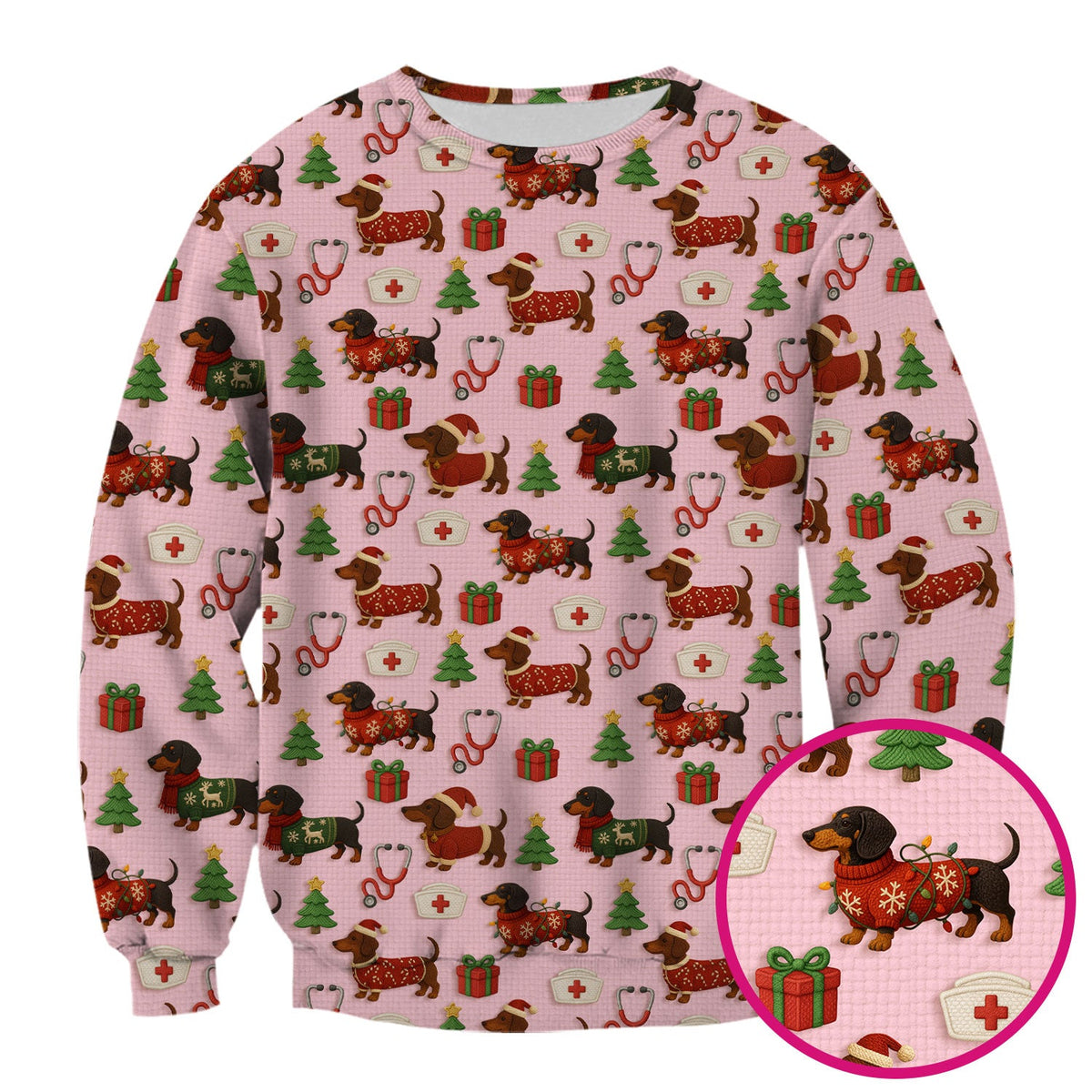 Christmas Nurse Scrubs for Women - Cute Dachshund Dog Print with Holiday Gifts & Trees - Custom Multi Color Nursing Shirt Gift