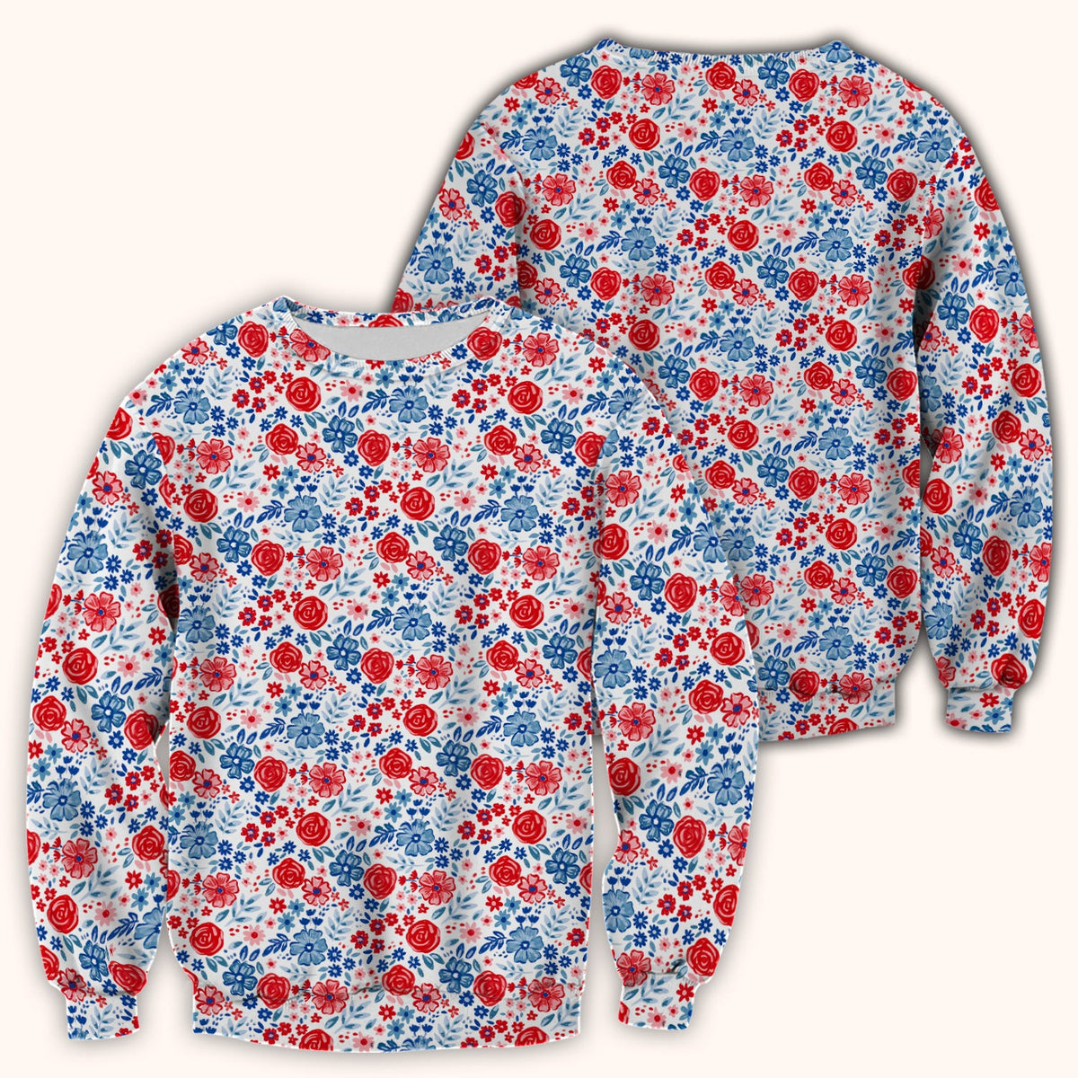 Red Blue Floral Garden Blossom Nurse Scrub Top