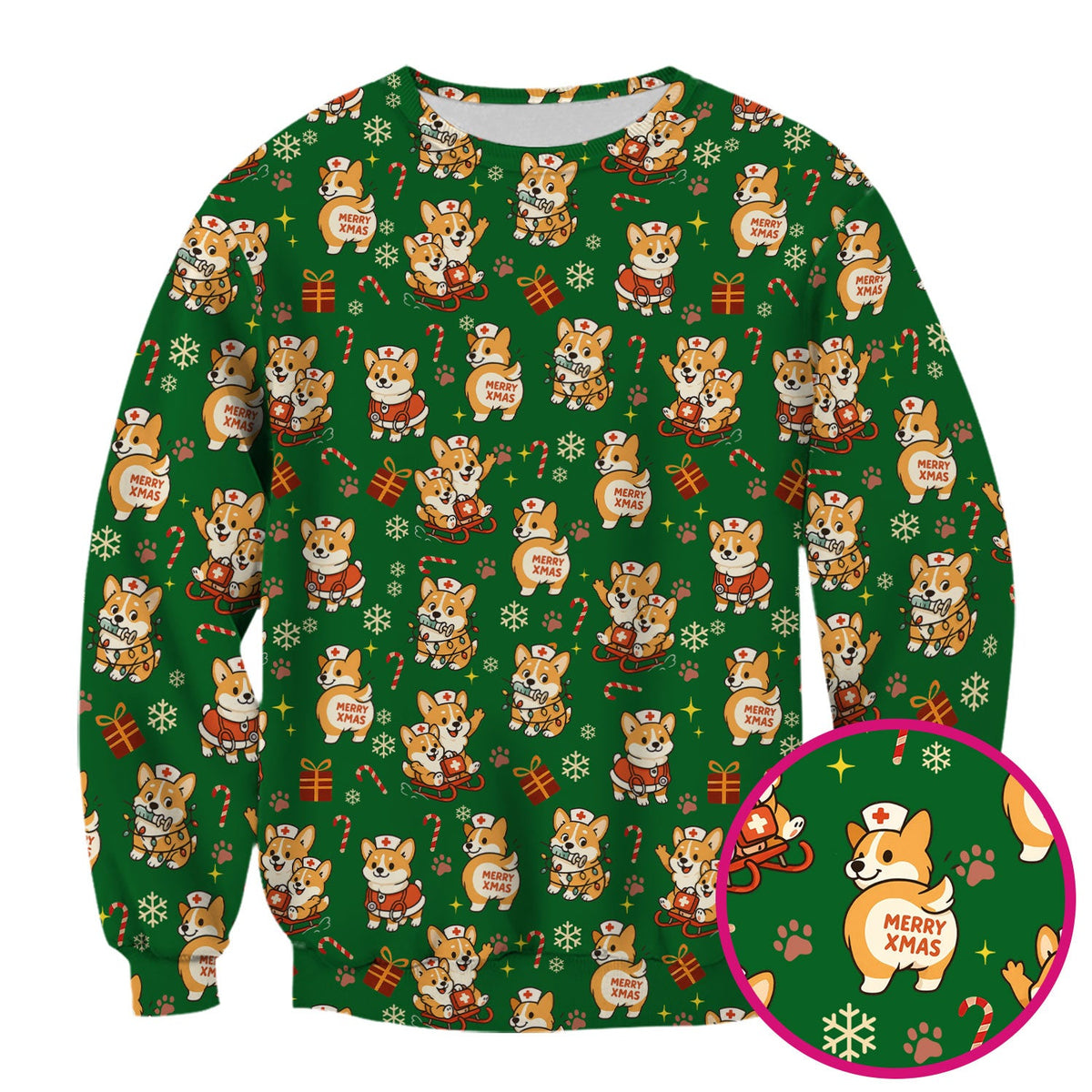 Cute Corgi Dog Scrubs for Christmas - Festive Puppy Pattern Medical Scrub Top - Holiday Christmas Scrubs with Charming Corgi Print