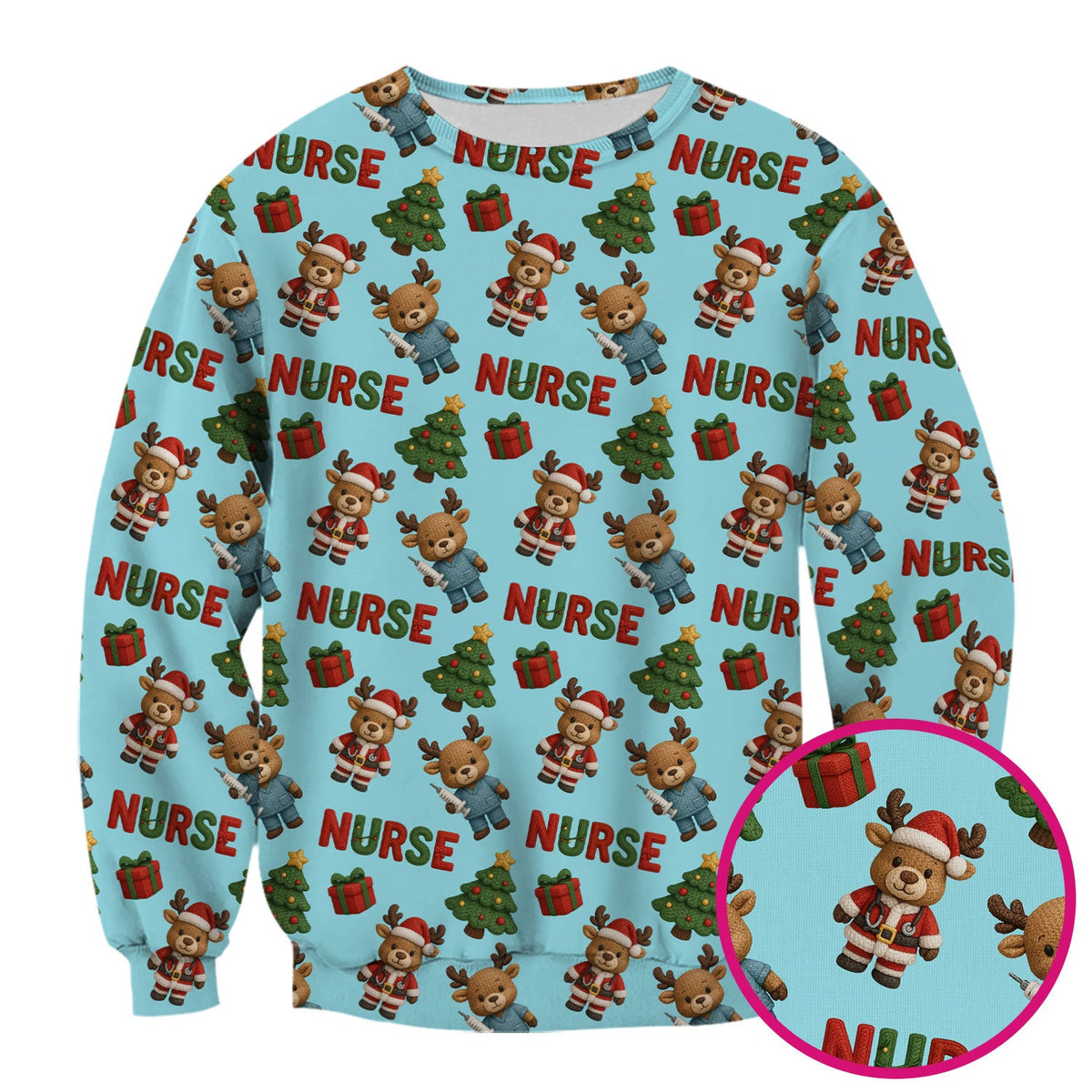 Reindeer Christmas Scrub Top, Cute Holiday Nurse Scrub Shirt, Festive Pattern Nursing Uniform