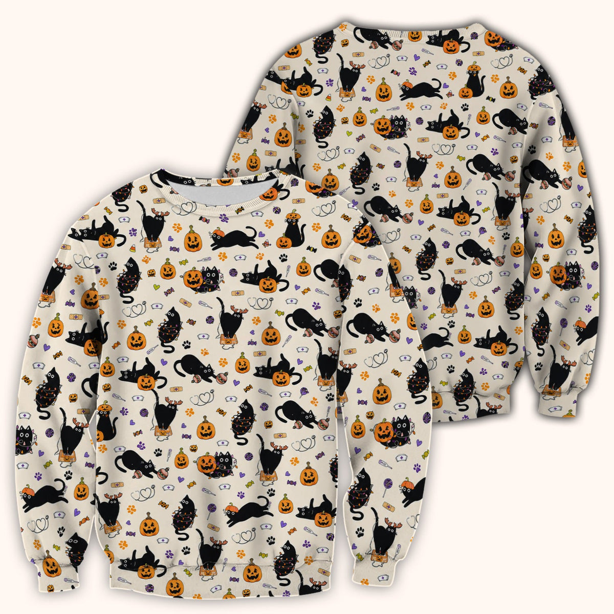 Pumpkin Black Cat Nurse Scrub Top