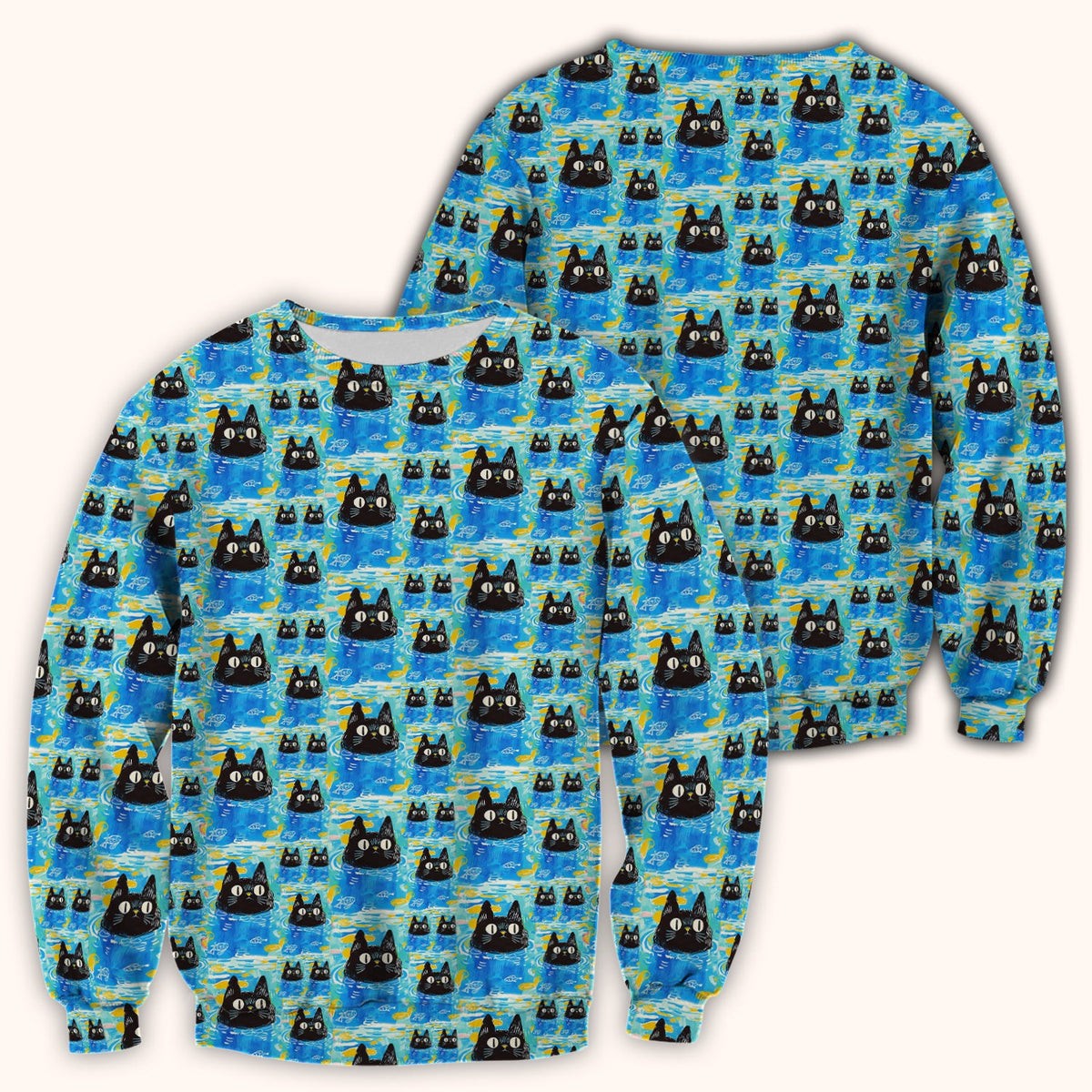Black Cat Swimming In Blue Water Pattern Scrub Top, Comfortable Scrubs for Nurses