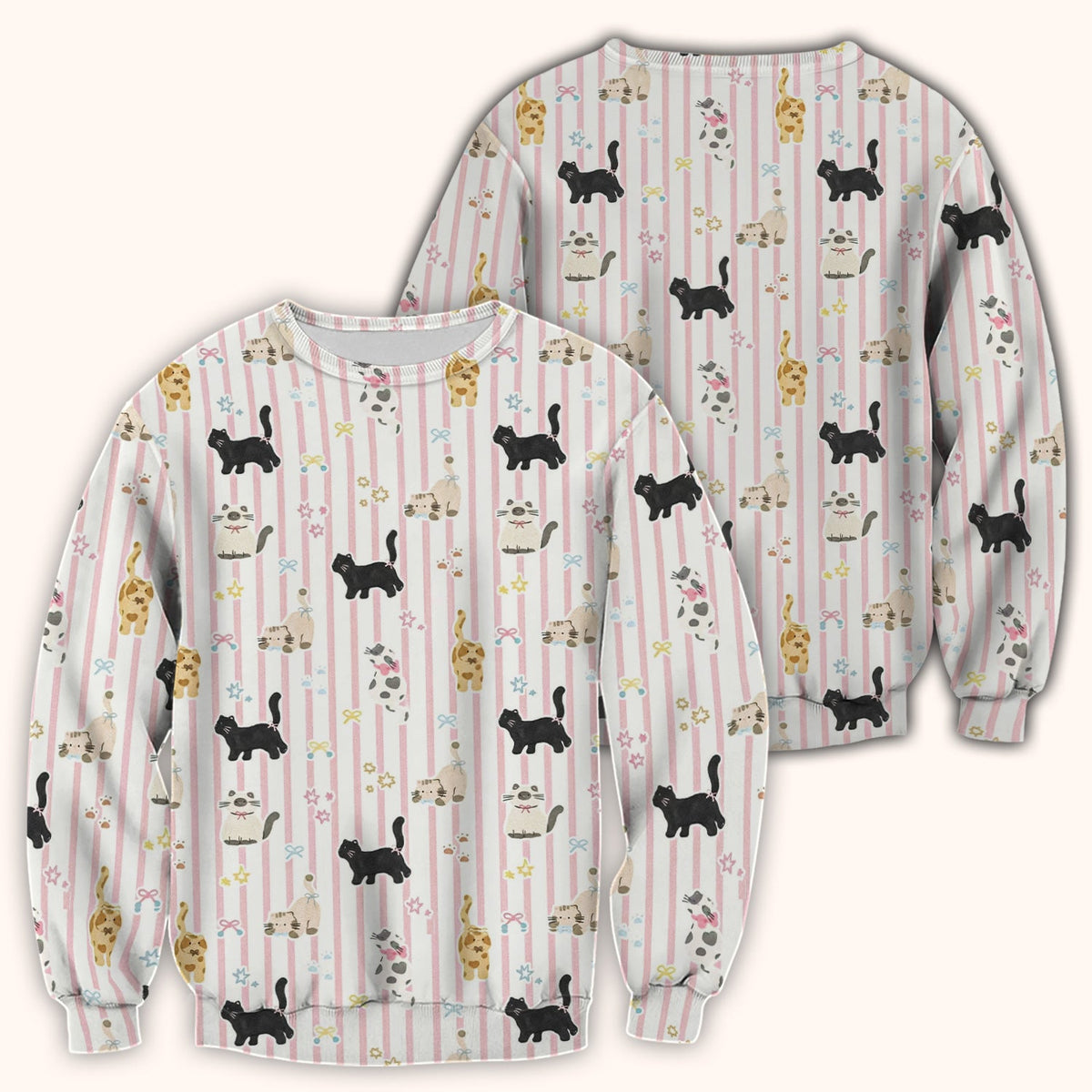 Playful Cat Stripe Ribbon Nurse Scrub Top