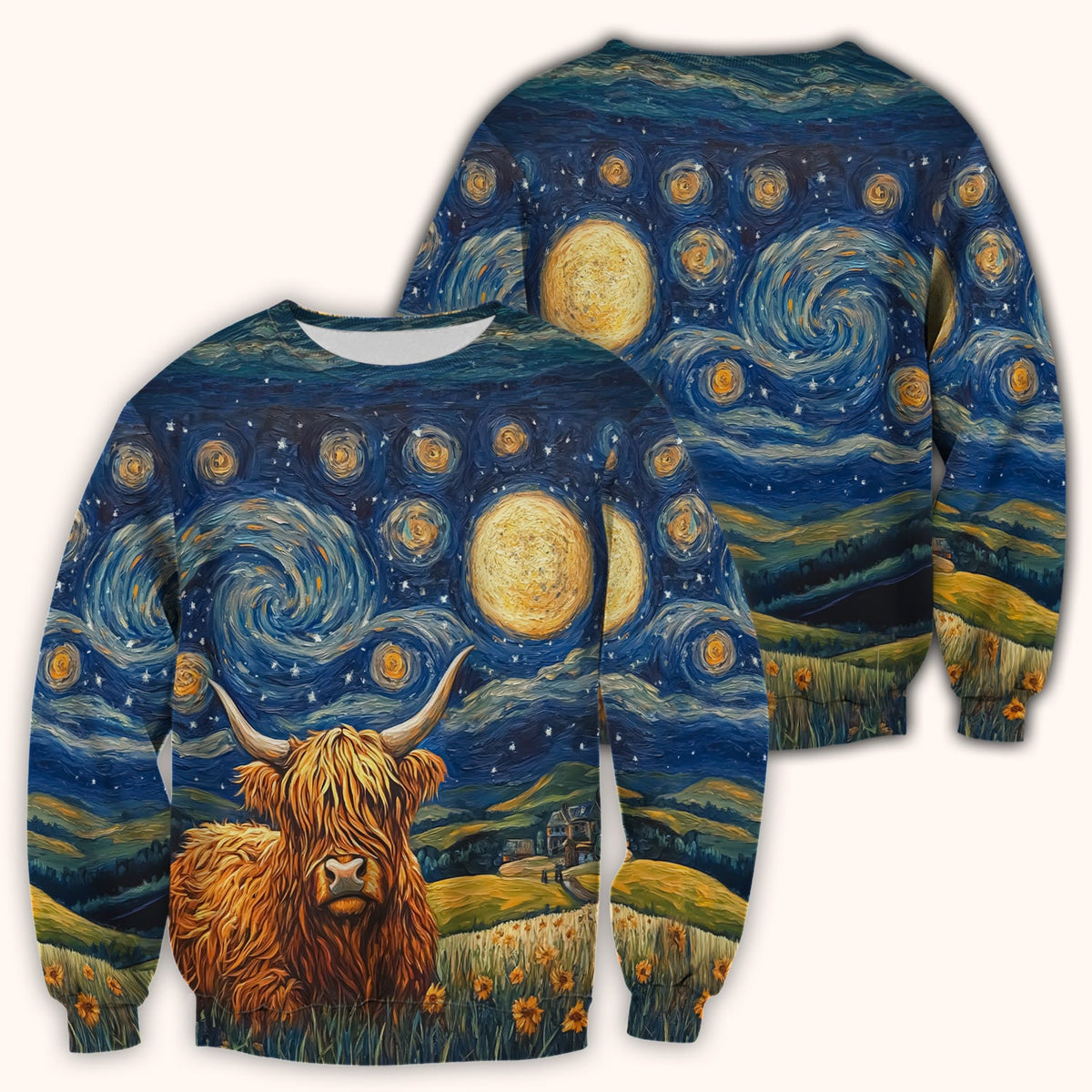 Artistic Highland Cow Starry Night Scene Pattern Scrub Top, Comfortable Scrubs for Nurses