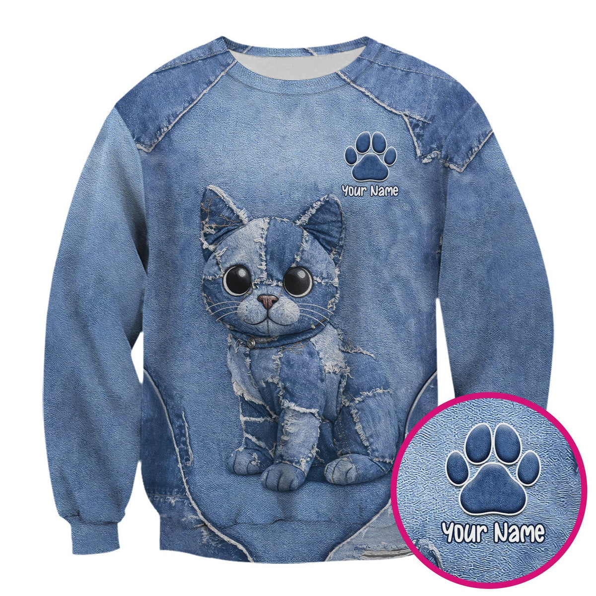 Personalized Patchwork Denim Cat Nurse Scrub Top