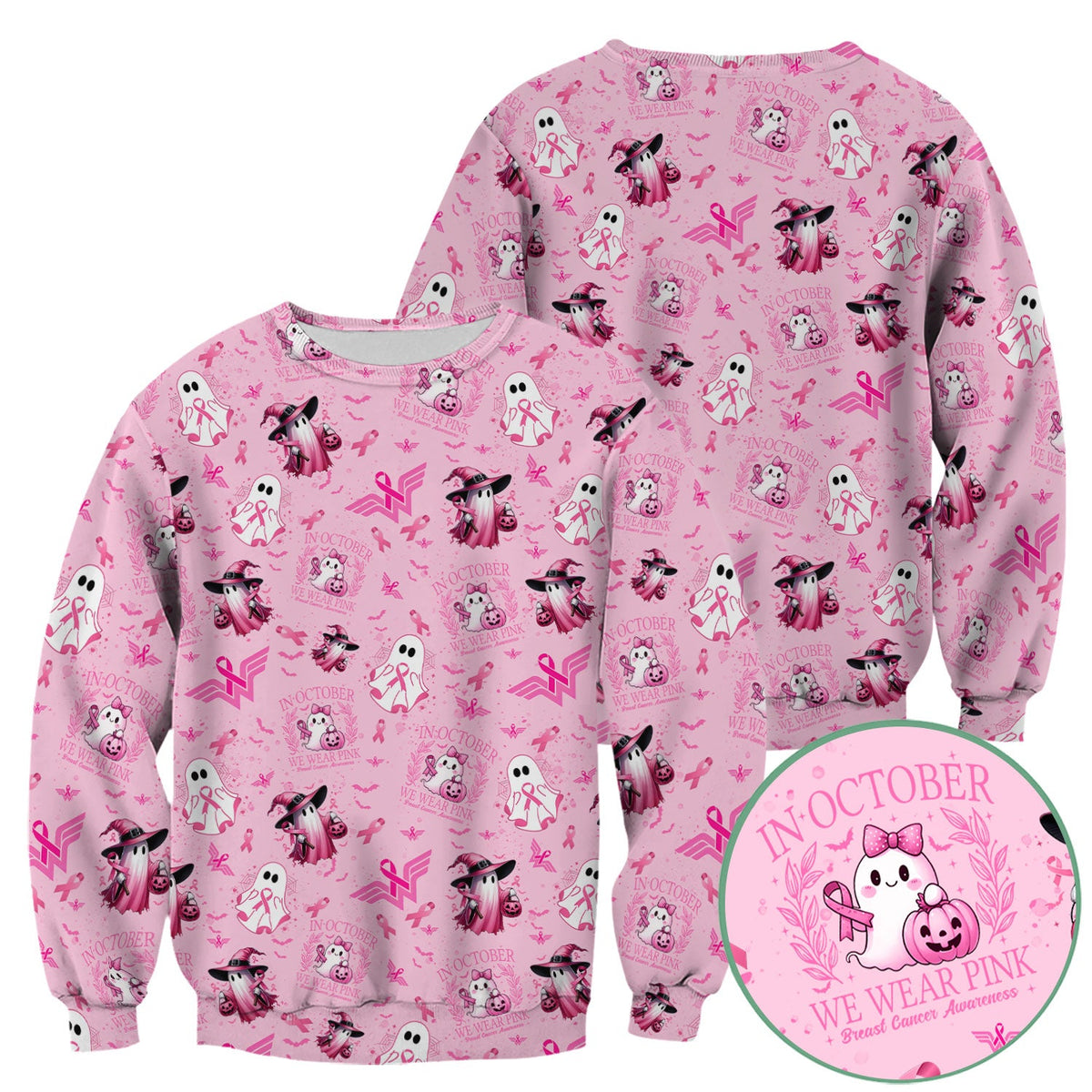 Pink Ribbon Ghost Witch Nurse Scrub Top - Breast Cancer Gift