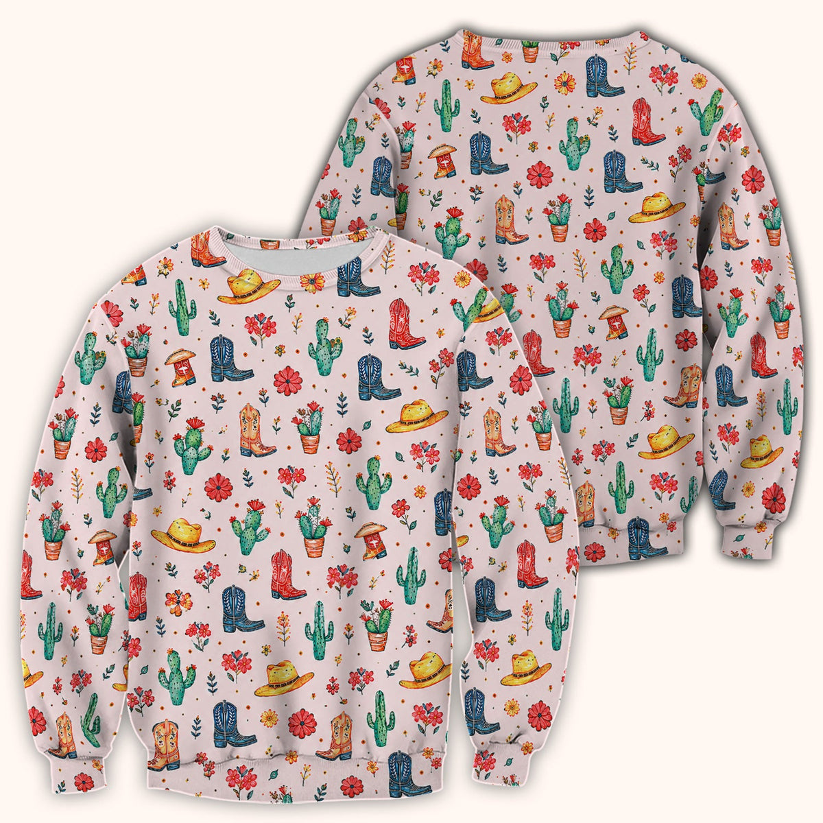 Whimsical Western Cactus Boots Pattern Scrub Top, Breathable Fabrics Nursing Uniform