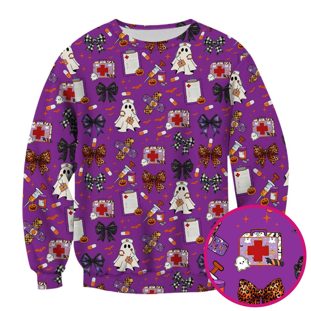Spooky Ghost Pumpkin Bow Nurse Scrub Top
