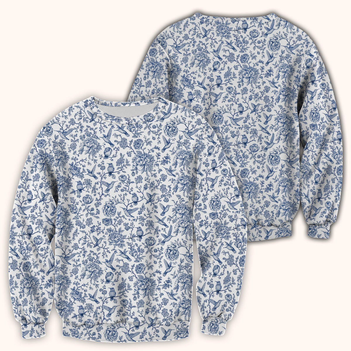 Blue Toile Hummingbird Floral Nurse Scrub Top
