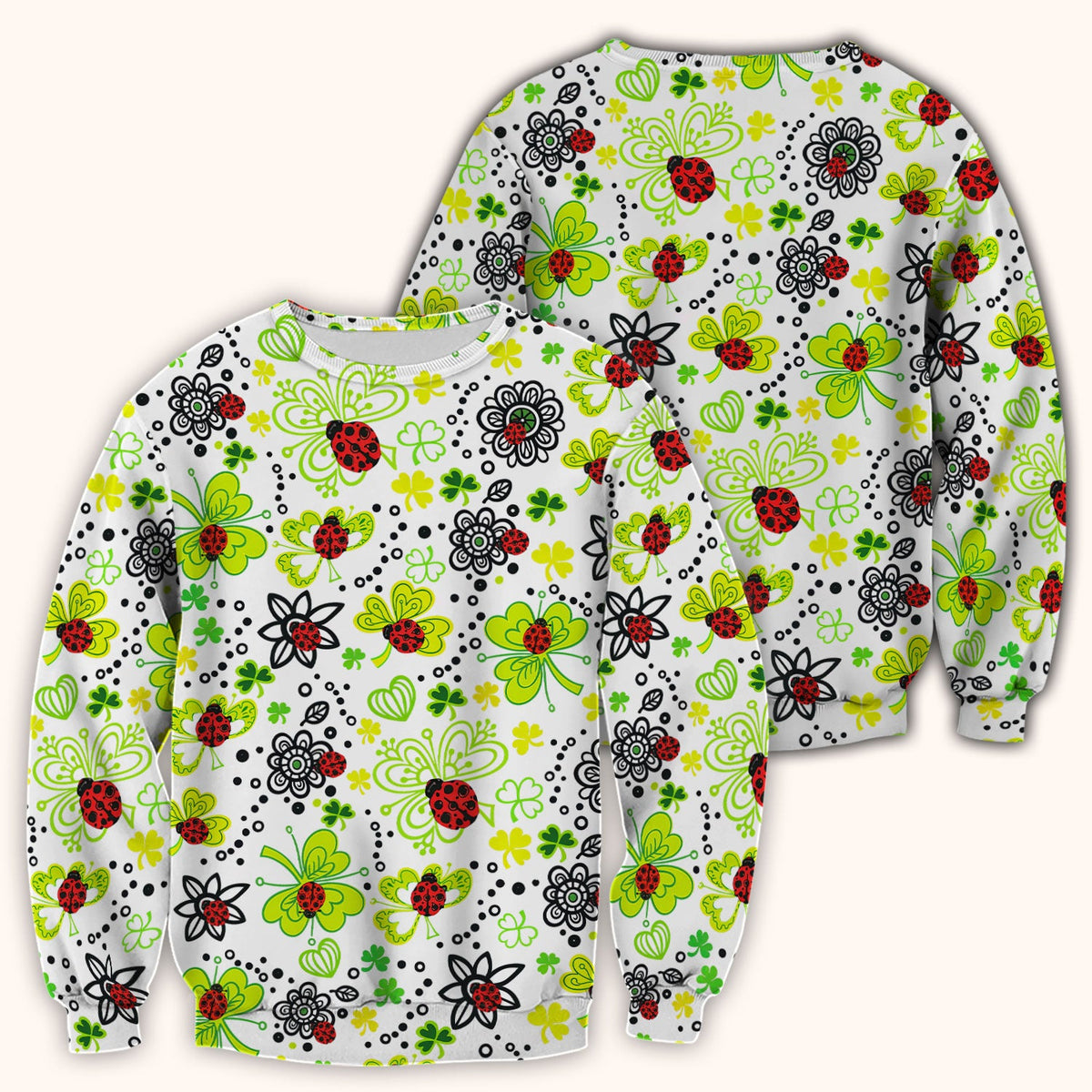 Ladybug Clover Floral Pattern Print Scrubs Nurses, Breathable Fabrics Nursing Uniform