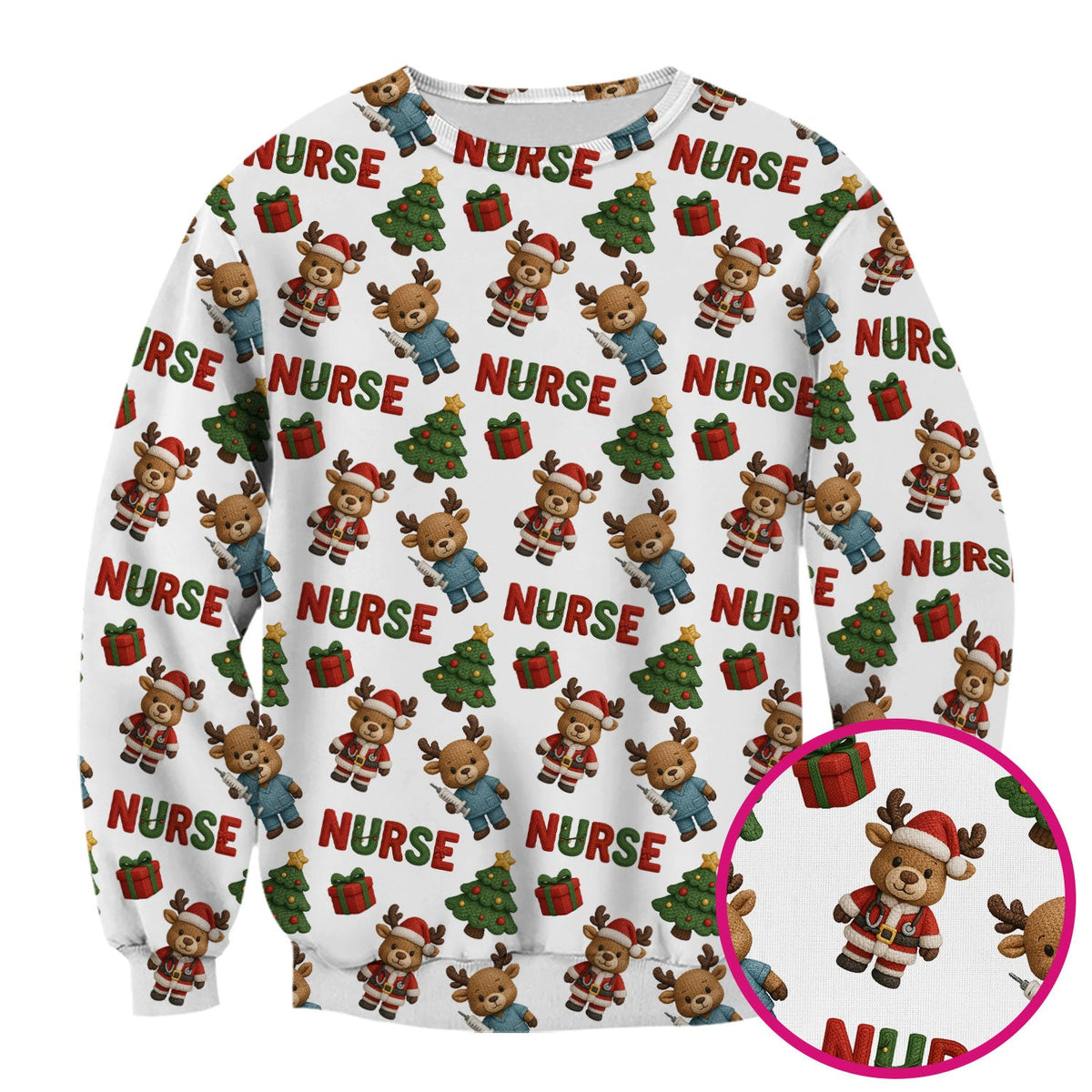 Reindeer Christmas Scrub Top, Cute Holiday Nurse Scrub Shirt, Festive Pattern Nursing Uniform