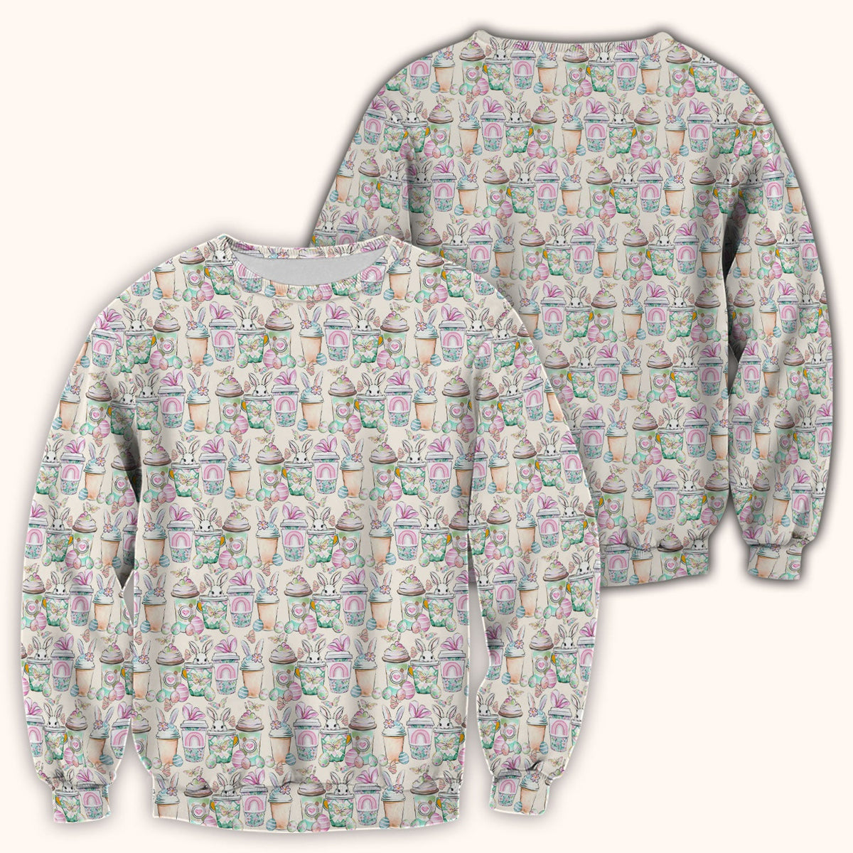 Cute Easter Bunny Coffee Cup Pattern Scrub Top, Comfortable Scrubs for Nurses