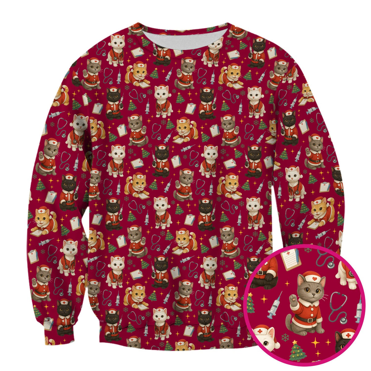 Funny Nurse Scrub Top for Women - Christmas Lucky Cat Design - Cute Holiday Nursing Shirt Gift for RN LPN CNA