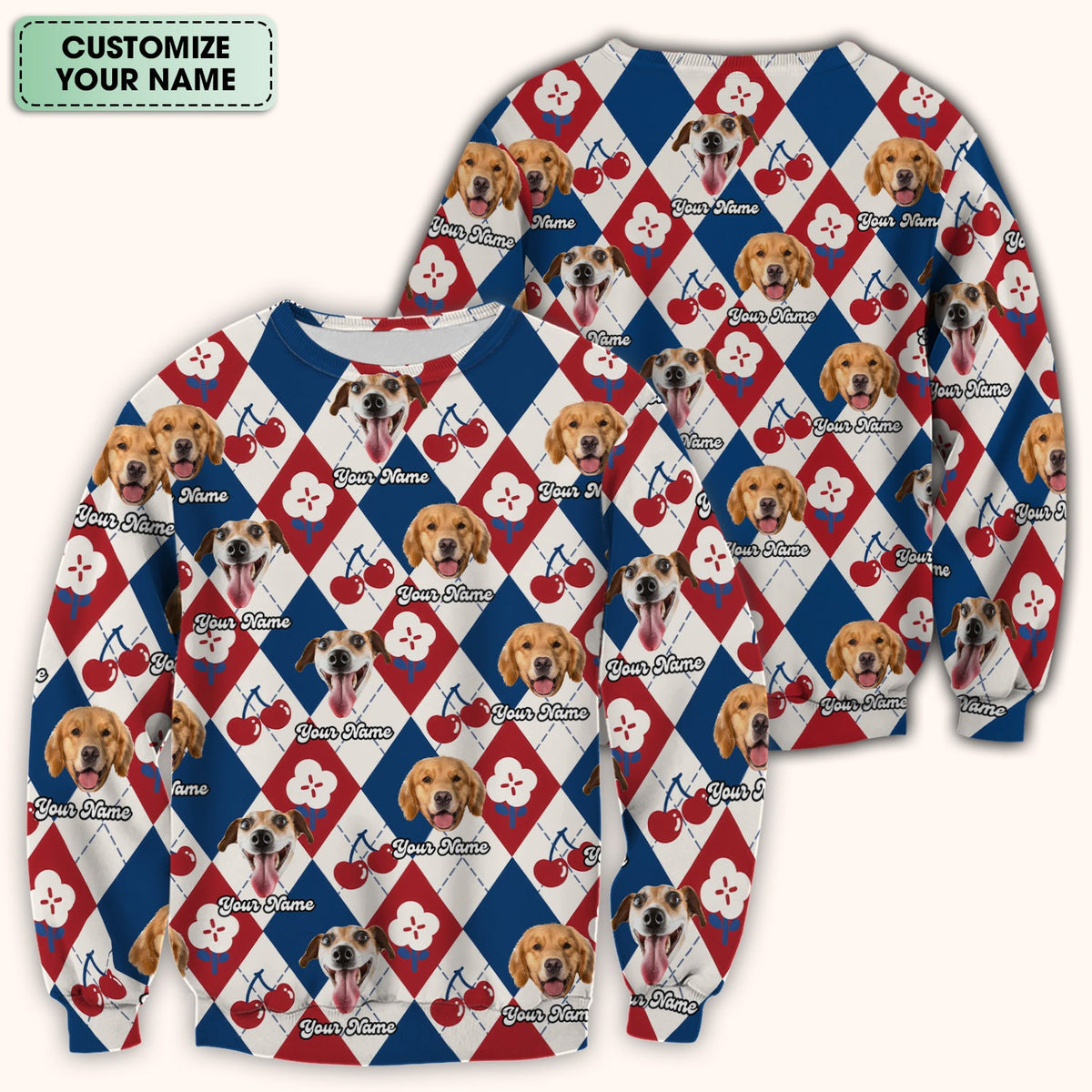 Dog Face Cherry Argyle Nurse Scrub Top