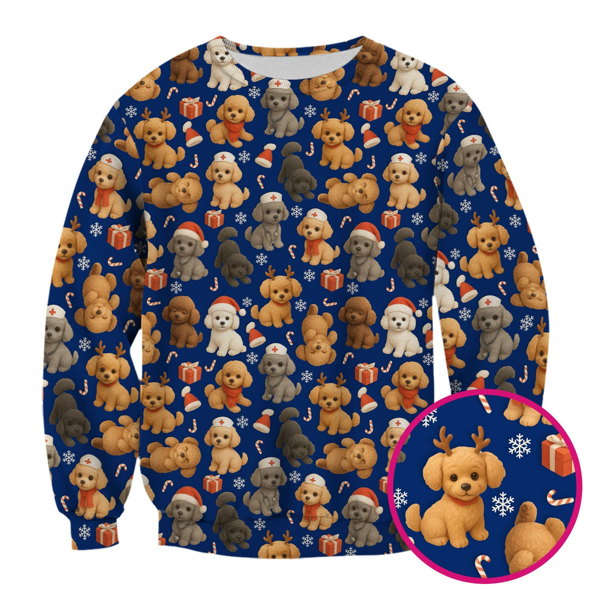 Poodle Scrubs Christmas Edition - Cute Dog Pattern Medical Scrub Top for Women - Holiday Christmas Scrubs with Fun Festive Puppy Print