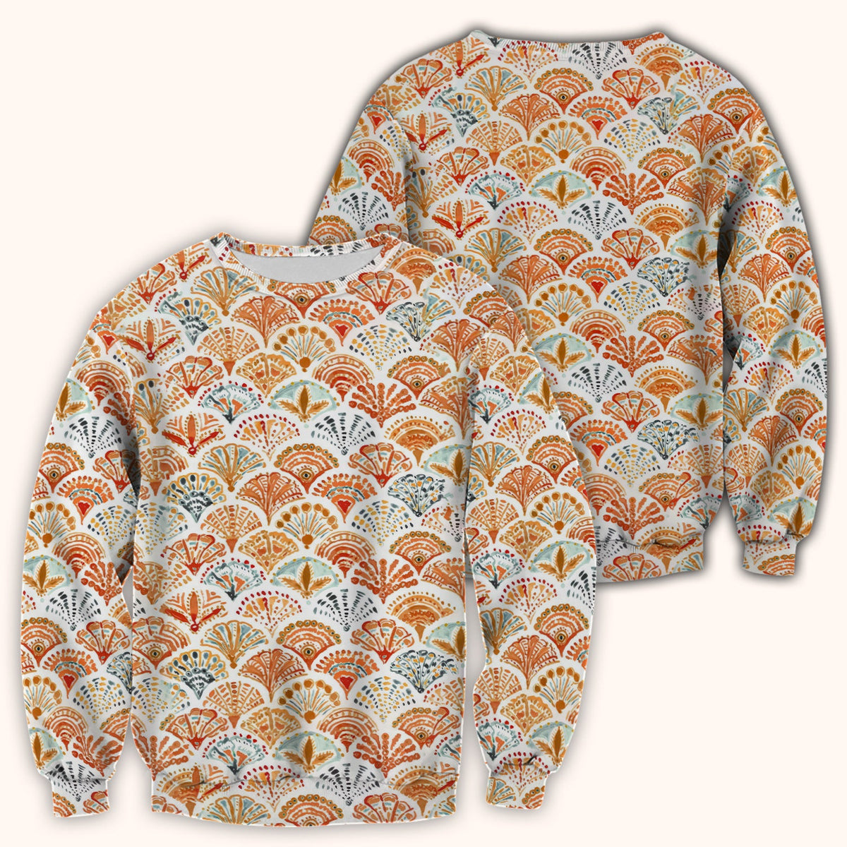 Cute Boho Fan Pattern Scrub Top, Breathable Fabrics Nursing Uniform
