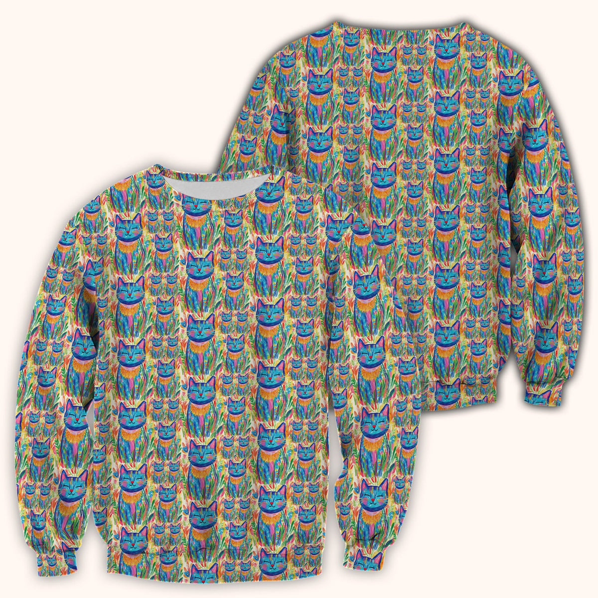 Colorful Rainbow Cat Floral Brushstroke Nurse Scrub Top