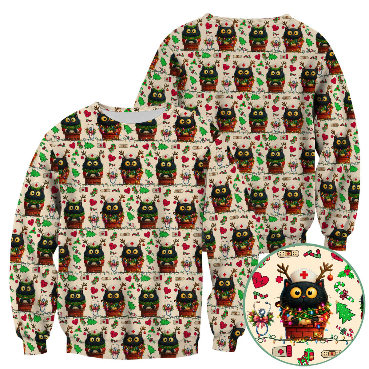 Reindeer Cat Christmas Lights Nurse Scrub Top