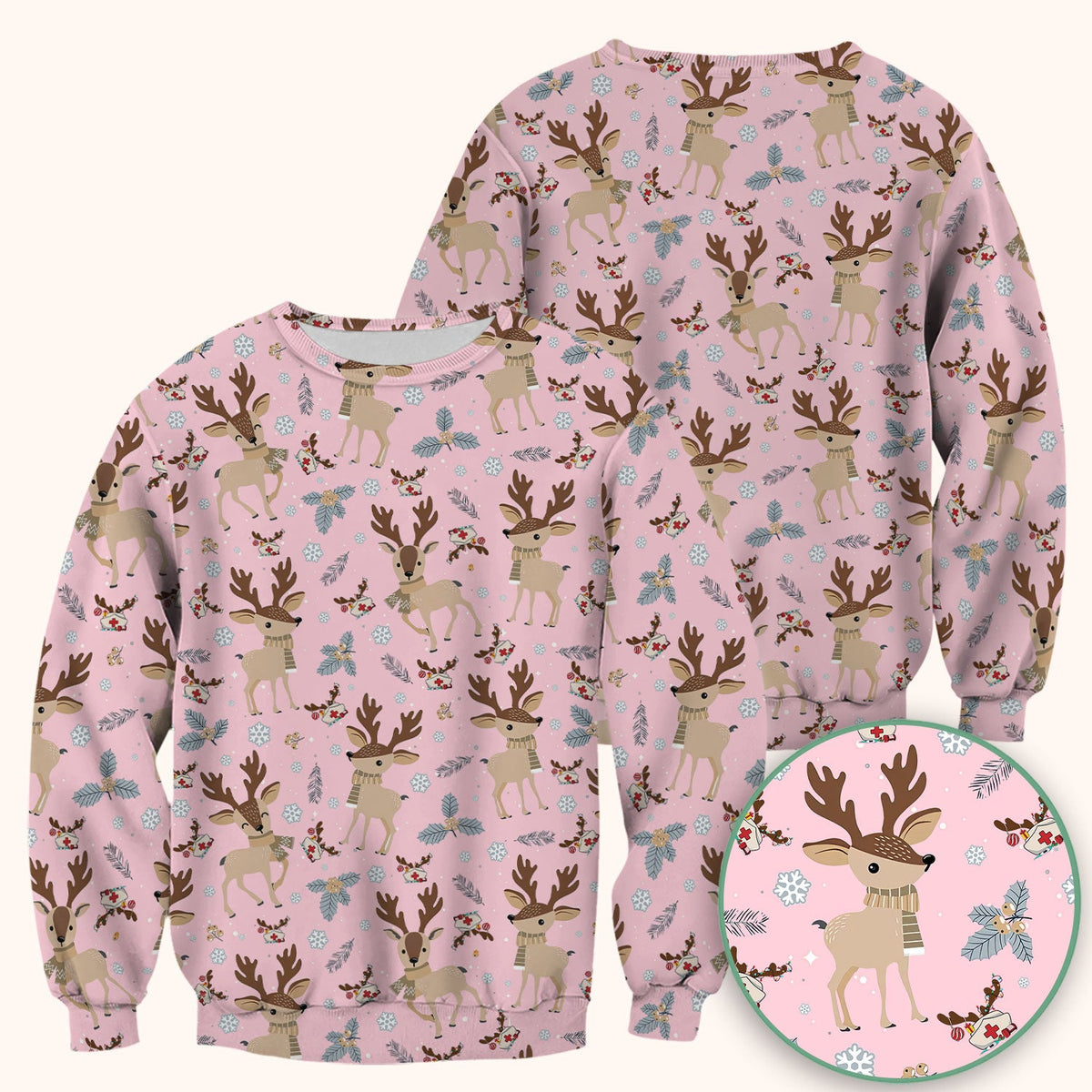 Reindeer Christmas Scrub Top - Cozy Beige Holiday Nurse Shirt with Cute Deer Pattern - Festive Medical Scrubs for Women RN CNA LPN