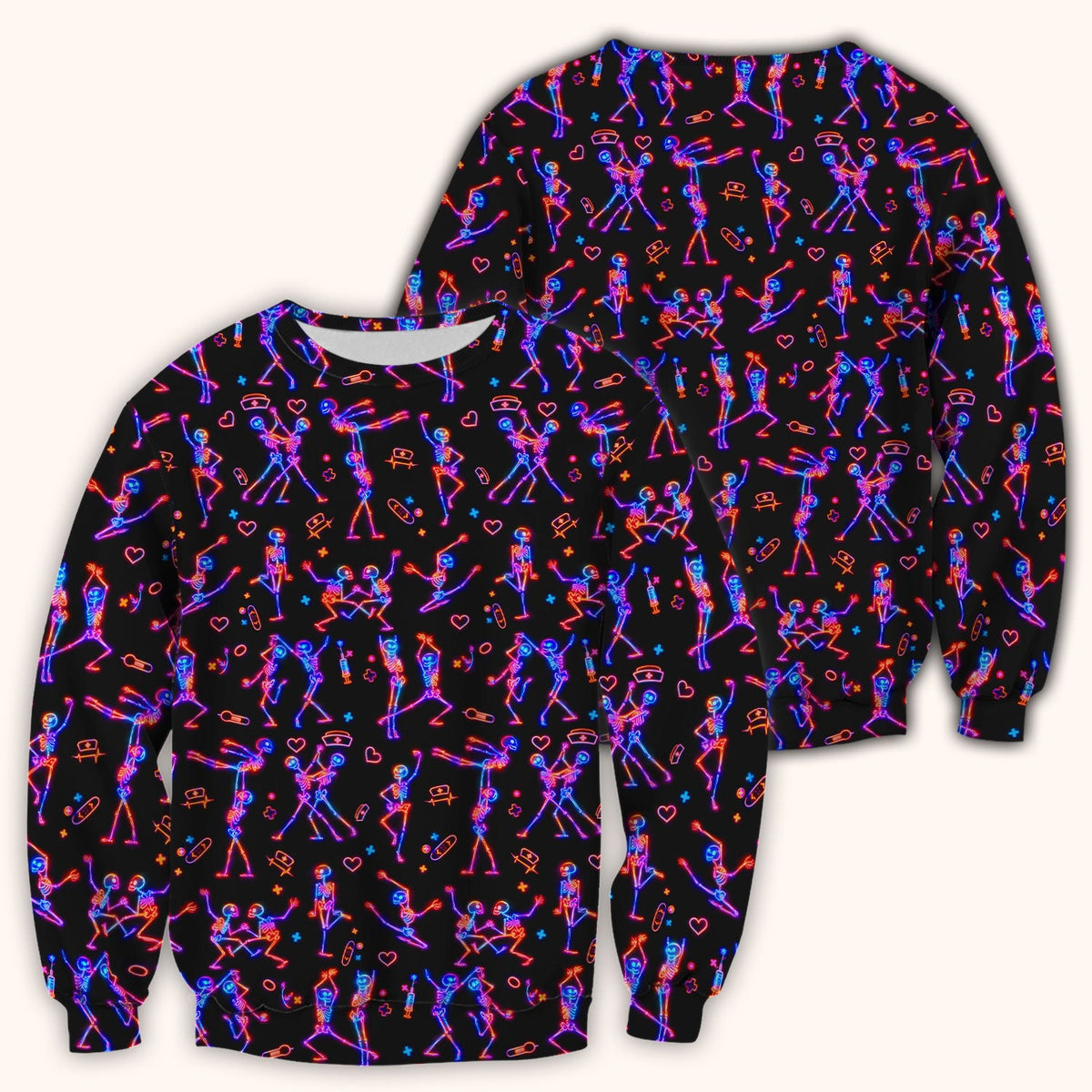 Neon Dancing Skeleton Medical Pattern Scrub Top, Comfortable Scrubs for Nurses