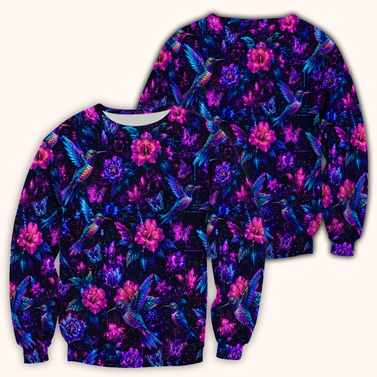 Neon Hummingbird Butterfly Bloom Pattern Scrub Top, Comfortable Scrubs for Nurses