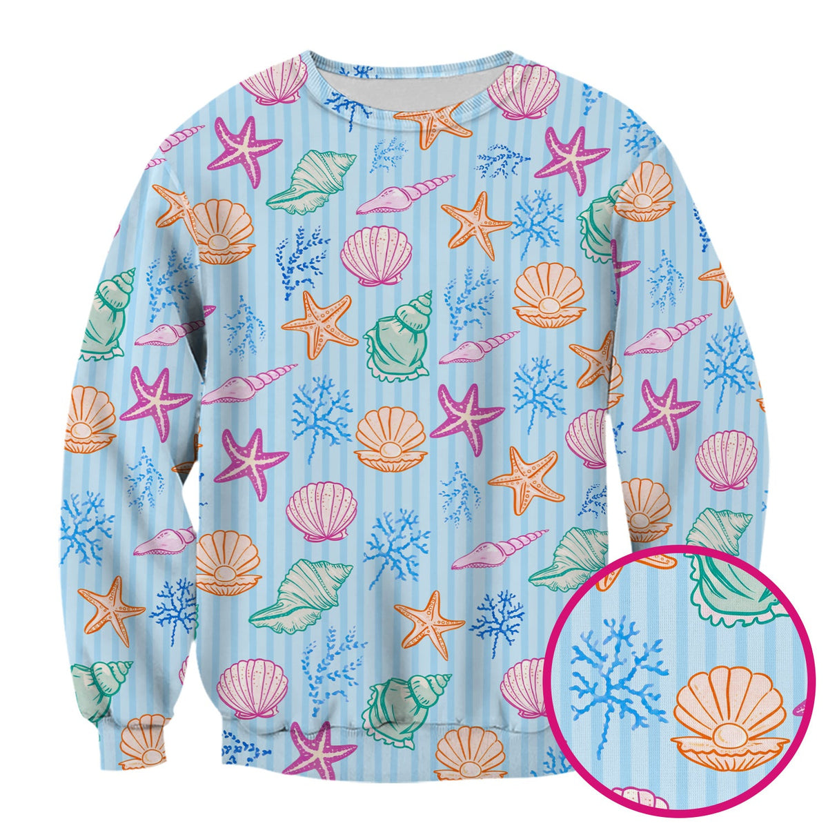 Colorful Seashell Starfish Ocean Stripe Nurse Scrub Top