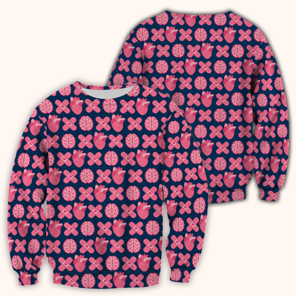 Heart & Brain Medical Icon Pattern Scrub Top, Breathable Fabrics Nursing Uniform
