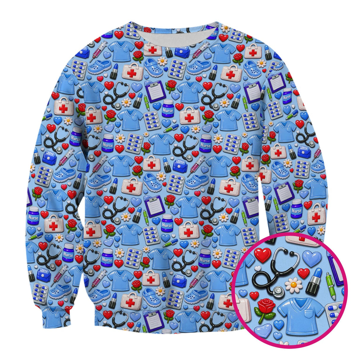 Medical Icons Scrub Top, Cute Pattern Nurse Shirt, Breathable Fabrics Nursing Uniform
