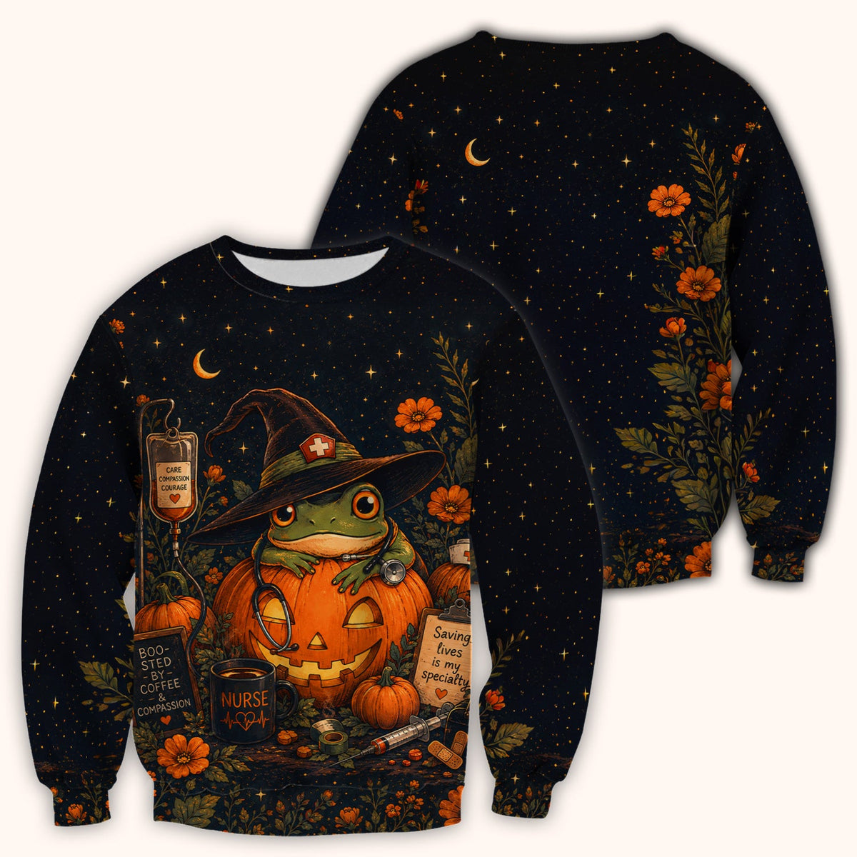 Witch Frog Pumpkin Nurse Scrub Top - Halloween Gift