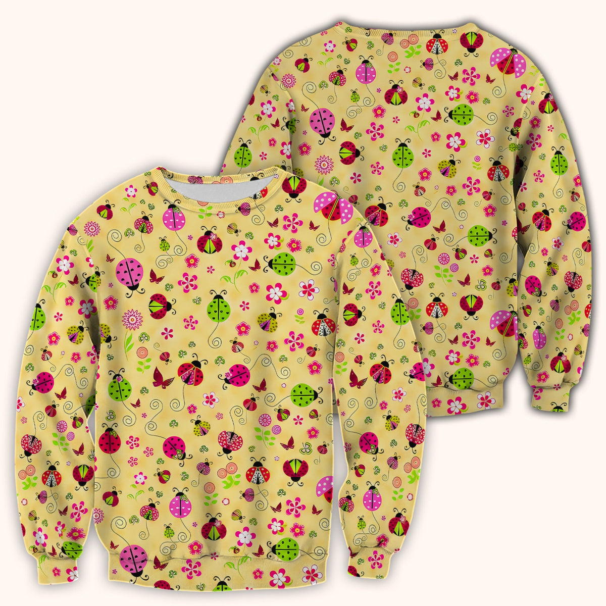 Yellow Ladybug Floral Garden Pattern Scrub Top, Breathable Fabrics Nursing Uniform