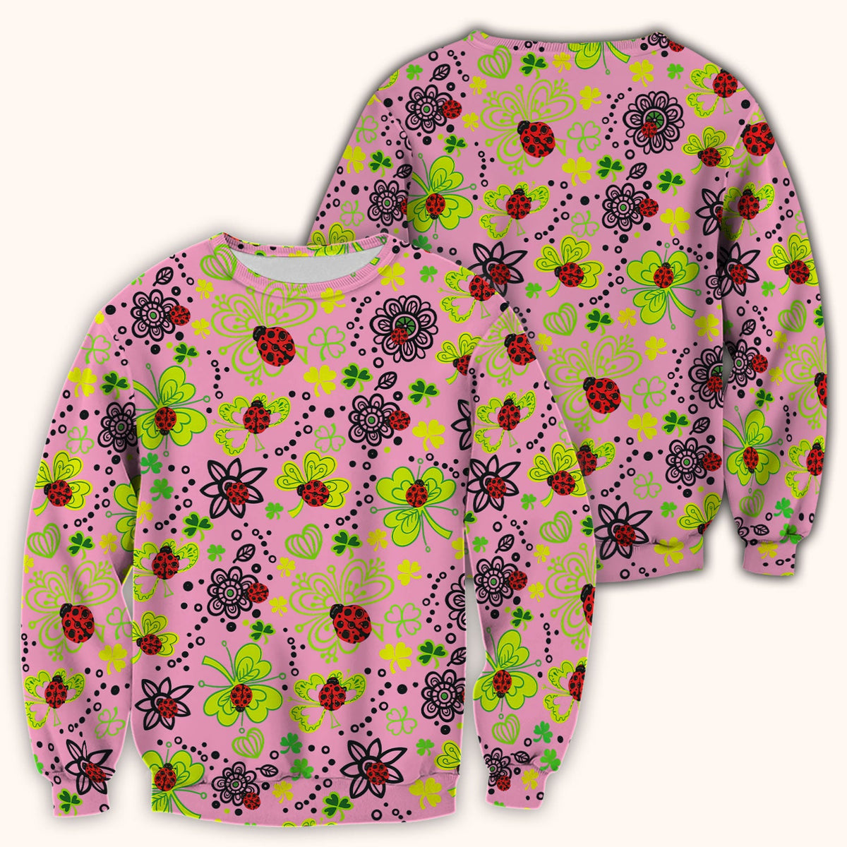 Ladybug Clover Floral Pattern Print Scrubs Nurses, Breathable Fabrics Nursing Uniform