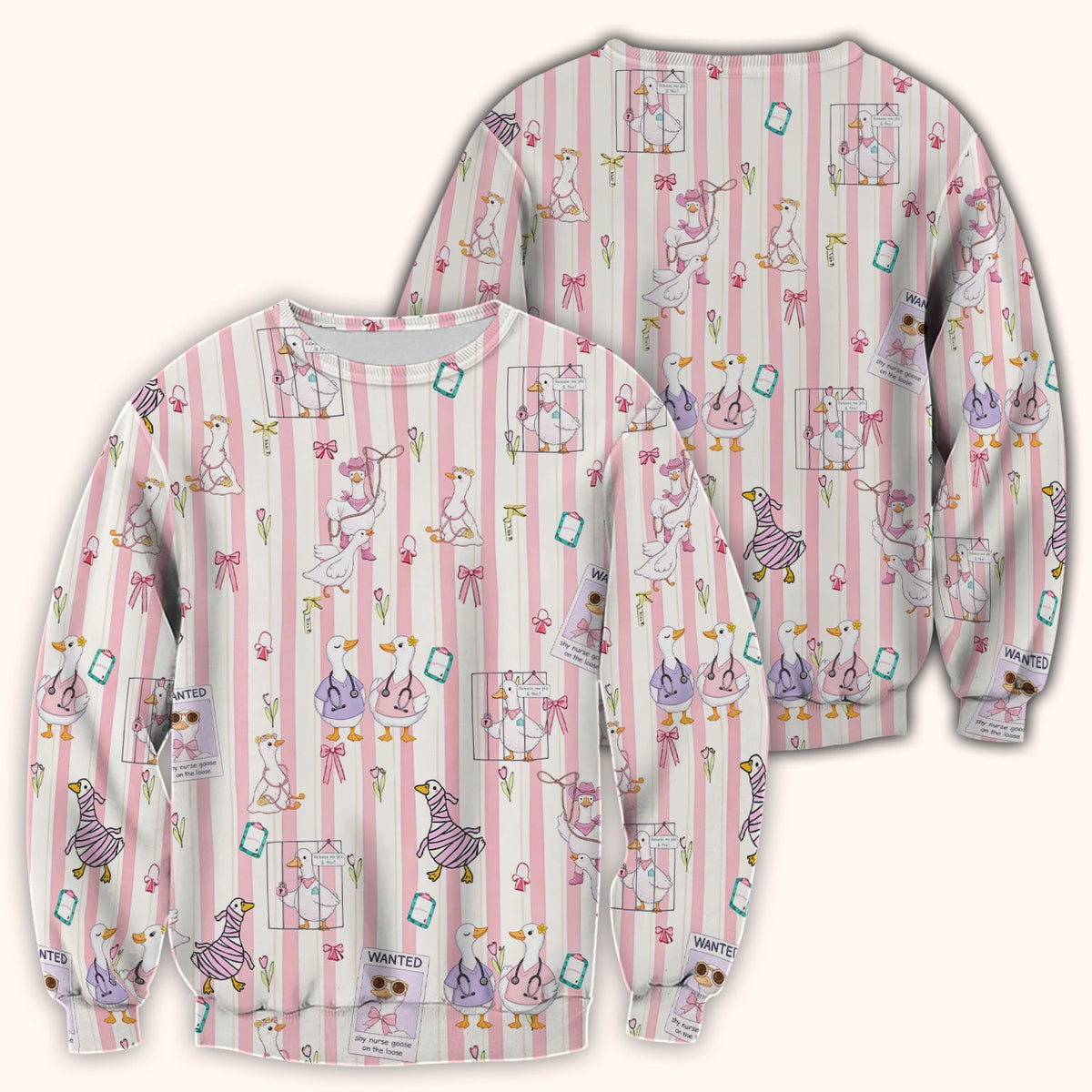 Cute Nurse Duck Stripe Pattern Scrub Top, Comfortable Scrubs for Nurses