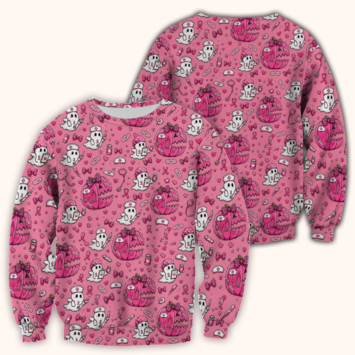 Pink Ribbon Ghost Pattern Nurse Scrub Top