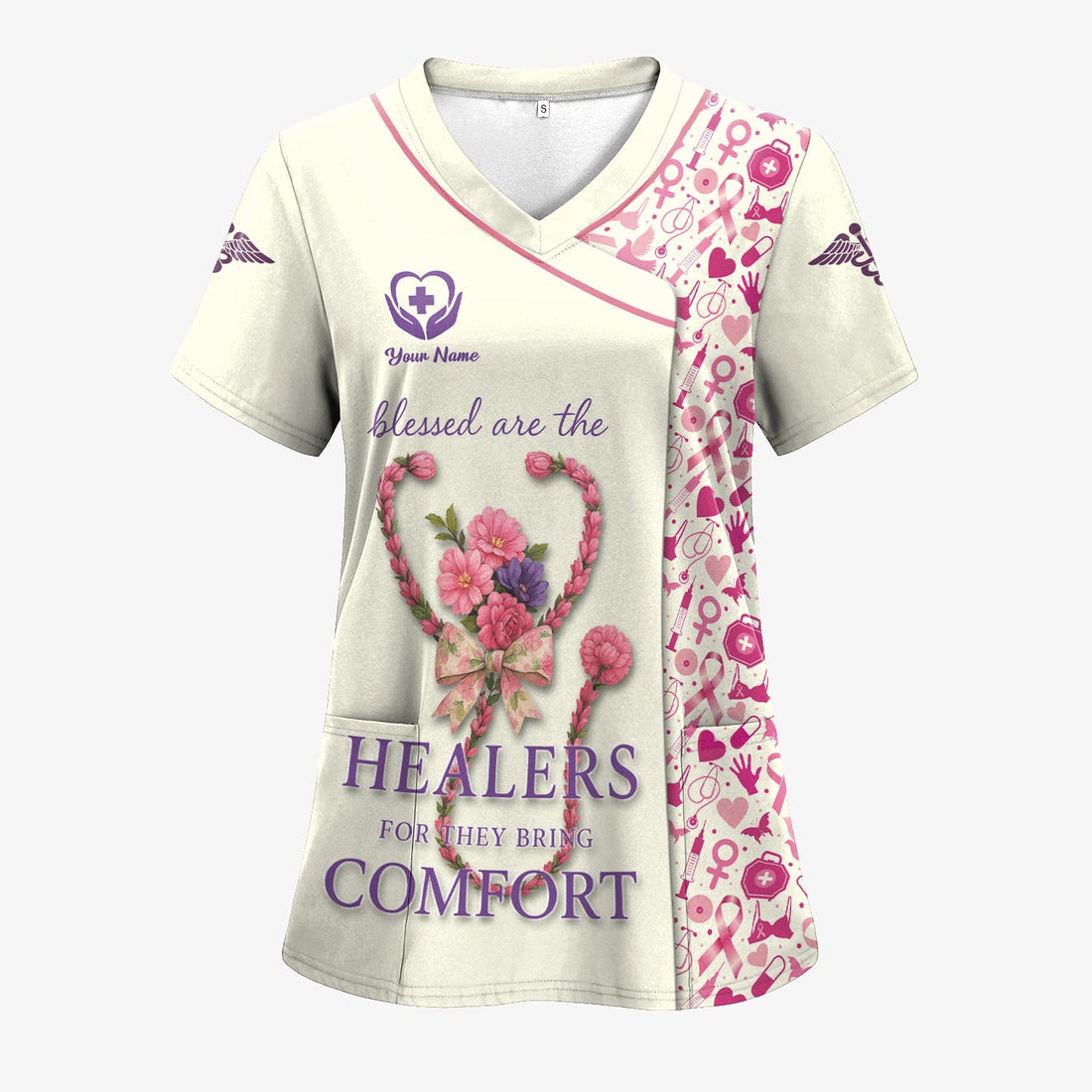 Personalized Breast Cancer Blessed Healers Nurse Scrub Top