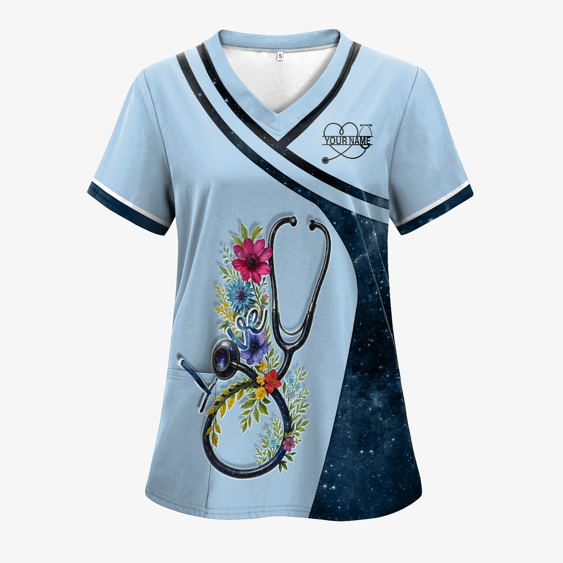 Personalized Cross & Heart Floral Nurse Scrub Top